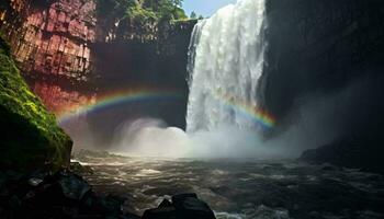 une étourdissant cascade avec une vibrant arc en ciel en cascade par il ai généré photo