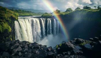 une étourdissant cascade avec une vibrant arc en ciel dans ses milieu ai généré photo