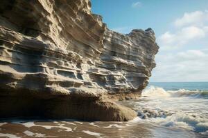une étourdissant Roche formation entouré par s'écraser vagues sur une magnifique plage ai généré photo