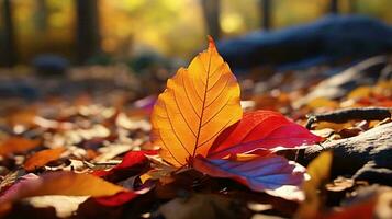 une Célibataire feuille repos sur une vibrant pile de déchue feuilles ai généré photo