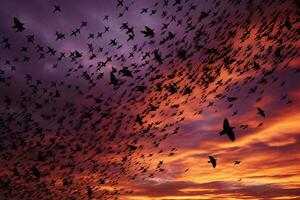 une fascinant le coucher du soleil ciel rempli avec une gracieux troupeau de des oiseaux dans vol ai généré photo