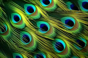 une vibrant et complexe afficher de une de paon queue plumes ai généré photo