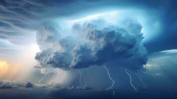 une puissant orage avec foudre éclairant une foncé rempli de nuages ciel ai généré photo