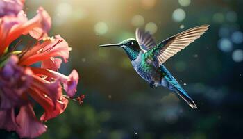 une colibri dans en plein vol près une vibrant fleur ai généré photo