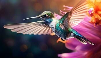 une vibrant colibri dans vol plus de une magnifique violet fleur ai généré photo