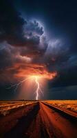 une spectaculaire foudre orage éclairant une saleté route ai généré photo