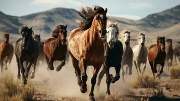 une dynamique troupeau de les chevaux galopant à travers une rustique saleté champ ai généré photo