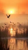 des oiseaux dans vol plus de une serein corps de l'eau ai généré photo