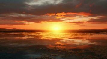 une magnifique le coucher du soleil plus de une calme corps de l'eau ai généré photo