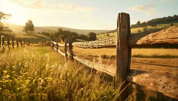 une serein le coucher du soleil scène avec une en bois clôture dans une pittoresque herbeux champ ai généré photo