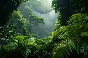 une dense et vibrant forêt avec un abondance de verdure ai généré photo