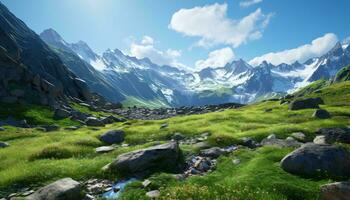 une Stupéfiant Montagne vallée paysage avec luxuriant vert herbe et imposant rochers ai généré photo