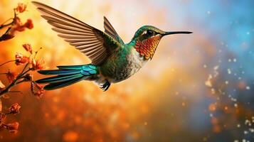 une colibri dans vol, entouré par coloré fleurs sur une branche ai généré photo