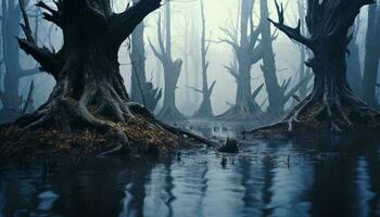 une serein marais paysage avec des arbres et l'eau ai généré photo