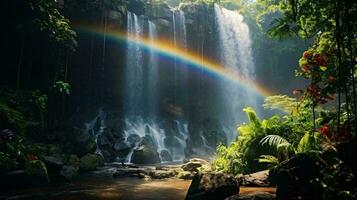 une majestueux cascade avec une vibrant arc en ciel dans le cœur de la nature ai généré photo