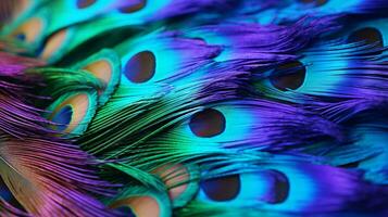 une vibrant et complexe afficher de une de paon queue plumes en haut proche ai généré photo