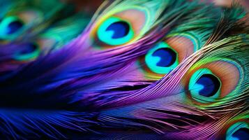 une vibrant et complexe afficher de une de paon magnifique queue plumes en haut proche ai généré photo