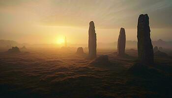 Stonehenge, un ancien pierre monument permanent majestueusement dans une champ ai généré photo