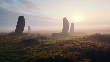 stonehenge dans une mystique brumeux champ ai généré photo