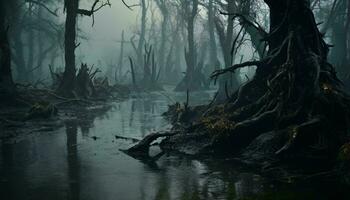 une serein marais paysage avec luxuriant des arbres et abondant l'eau ai généré photo