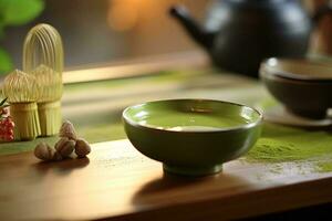 une traditionnel thé ensemble avec une bol de vert thé sur une table ai généré photo