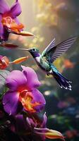 une colibri dans vol plus de une vibrant violet fleur ai généré photo