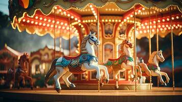 une coloré carrousel avec magnifiquement décoré les chevaux filage dans cercles ai généré photo