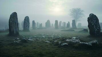 stonehenge entouré par une mystique brouillard dans une vaste champ ai généré photo