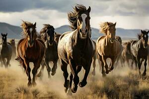 une troupeau de les chevaux fonctionnement à travers une sec herbe champ ai généré photo
