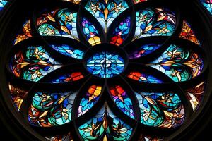 une vibrant coloré verre fenêtre dans une majestueux église ai généré photo