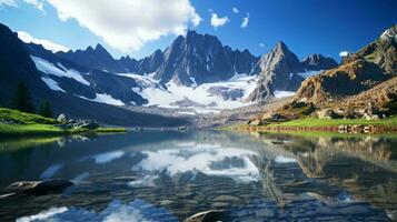 une serein Montagne intervalle réfléchi dans une tranquille Lac ai généré photo