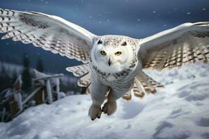 une majestueux blanc hibou planant au dessus une hiver pays des merveilles ai généré photo