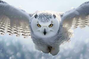 une majestueux blanc hibou dans vol avec perçant Jaune yeux ai généré photo