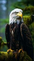 une majestueux chauve Aigle perché sur une moussu branche ai généré photo
