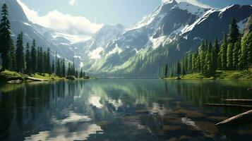 une serein Montagne Lac niché parmi grand pin des arbres ai généré photo