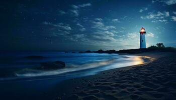 une majestueux phare éclairant une serein plage en dessous de le éclairé par la lune ciel ai généré photo