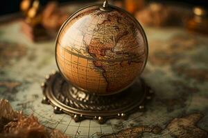 une miniature globe sur une table ai généré photo