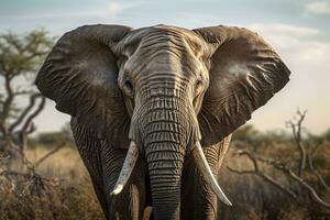 une majestueux l'éléphant dans une scénique champ ai généré photo