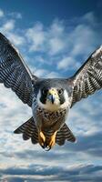 une majestueux oiseau planant par le ciel contre une toile de fond de duveteux blanc des nuages ai généré photo