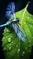 une vibrant bleu libellule perché sur une luxuriant vert feuille ai généré photo