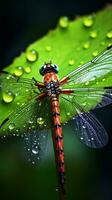 une vibrant rouge libellule perché délicatement sur une luxuriant vert feuille ai généré photo