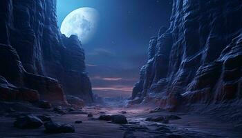 une mystique la grotte illuminé par le lumière de une plein lune ai généré photo
