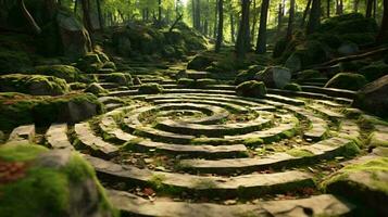 une fascinant pierre Labyrinthe niché dans le cœur de une luxuriant forêt ai généré photo