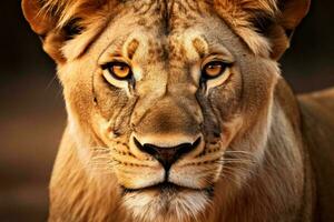 une majestueux Lion regarder directement dans le caméra ai généré photo