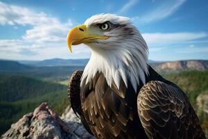 une chauve Aigle avec une Jaune le bec ai généré photo