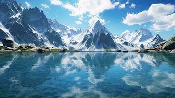 une corps de l'eau avec montagnes dans le retour ai généré photo