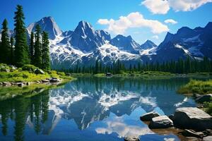 une Lac avec des arbres et montagnes dans le Contexte ai généré photo