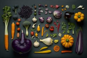 des légumes différent plat poser. nourriture concept. neural réseau ai généré photo