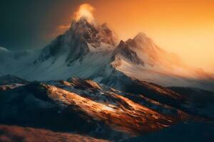 magnifique coloré le coucher du soleil plus de le neigeux Montagne intervalle et pin arbre forêt. la nature paysage. spectaculaire couvert ciel avec Orange des nuages. neural réseau ai généré photo