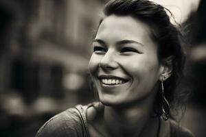 portrait de une content fille avec une sourire. neural réseau ai généré photo